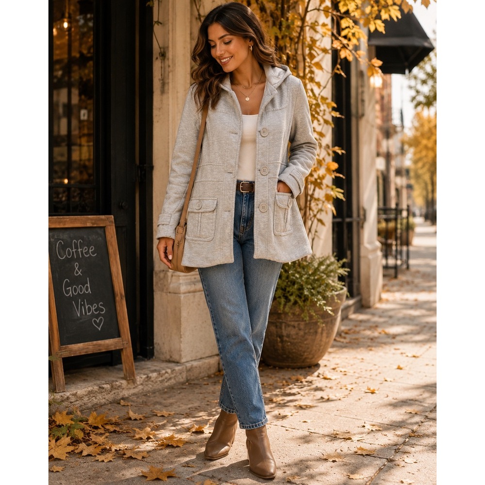 Zenana Outfitters Heather Gray Hooded Button Front Pea Coat Jacket Size S